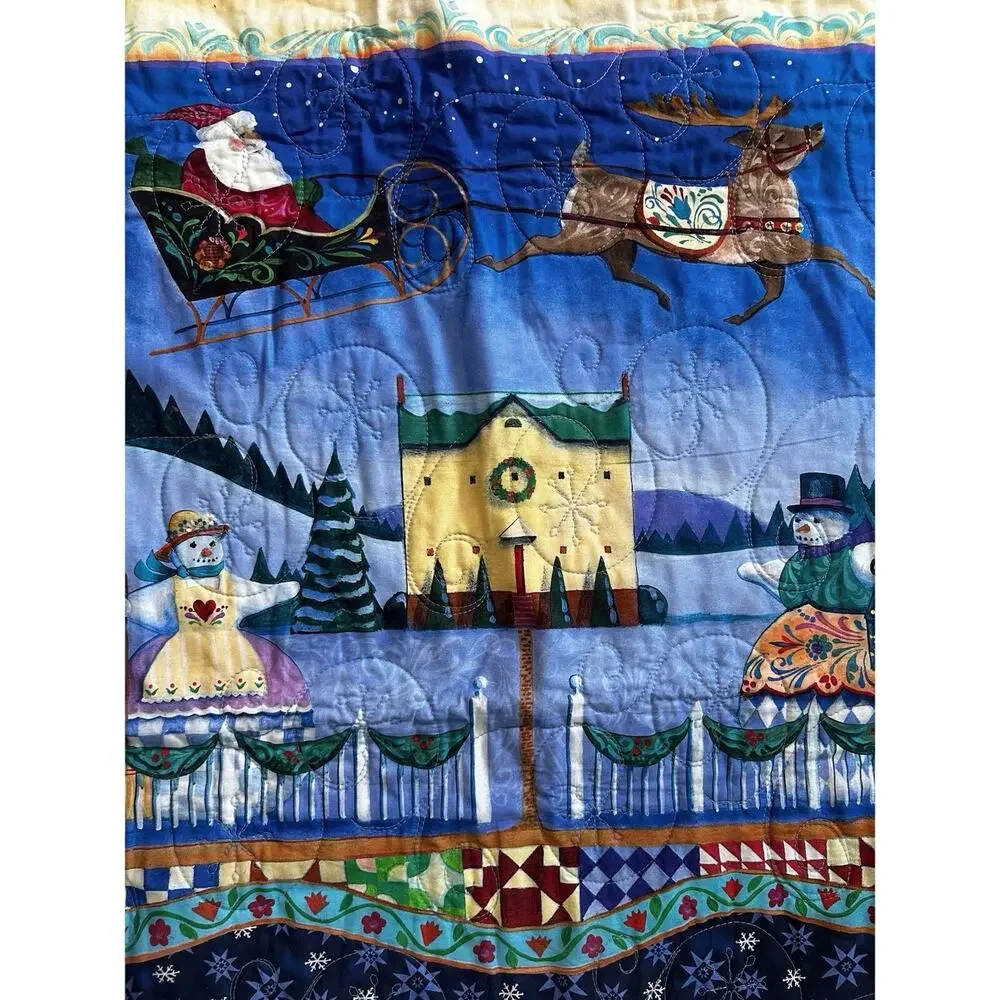 Christmas Santa Quilted table topper/mini quilt Folk Art Red Blue Holiday